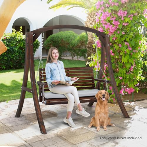 VINGLI Heavy Duty 880 LBS Patio Wooden Porch Swing Outdoor with Extra Cushion, Farmhouse Hanging Bench Tree Swing with Adjustable Chains for Yard | Garden | Lawn | Balcony (5 FT, Rustic)
