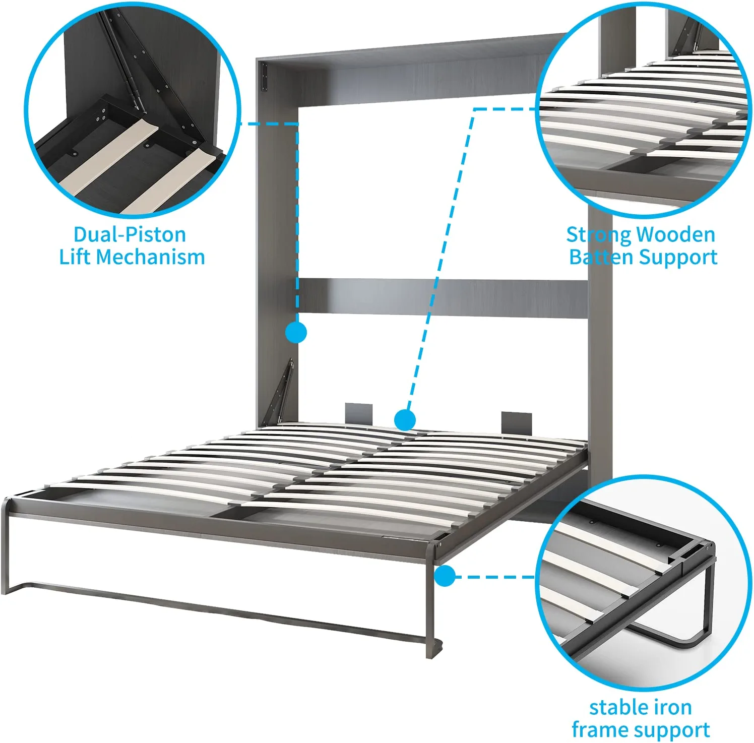 Mjkone Murphy Bed with 1 Side Cabinet, Folding Wall Bed for Bedroom, Fold Up Murphy Bed Cabinet, Murphy Chest Bed Can Be Folded into a Cabinet, Storage Bed (Dark Grey)