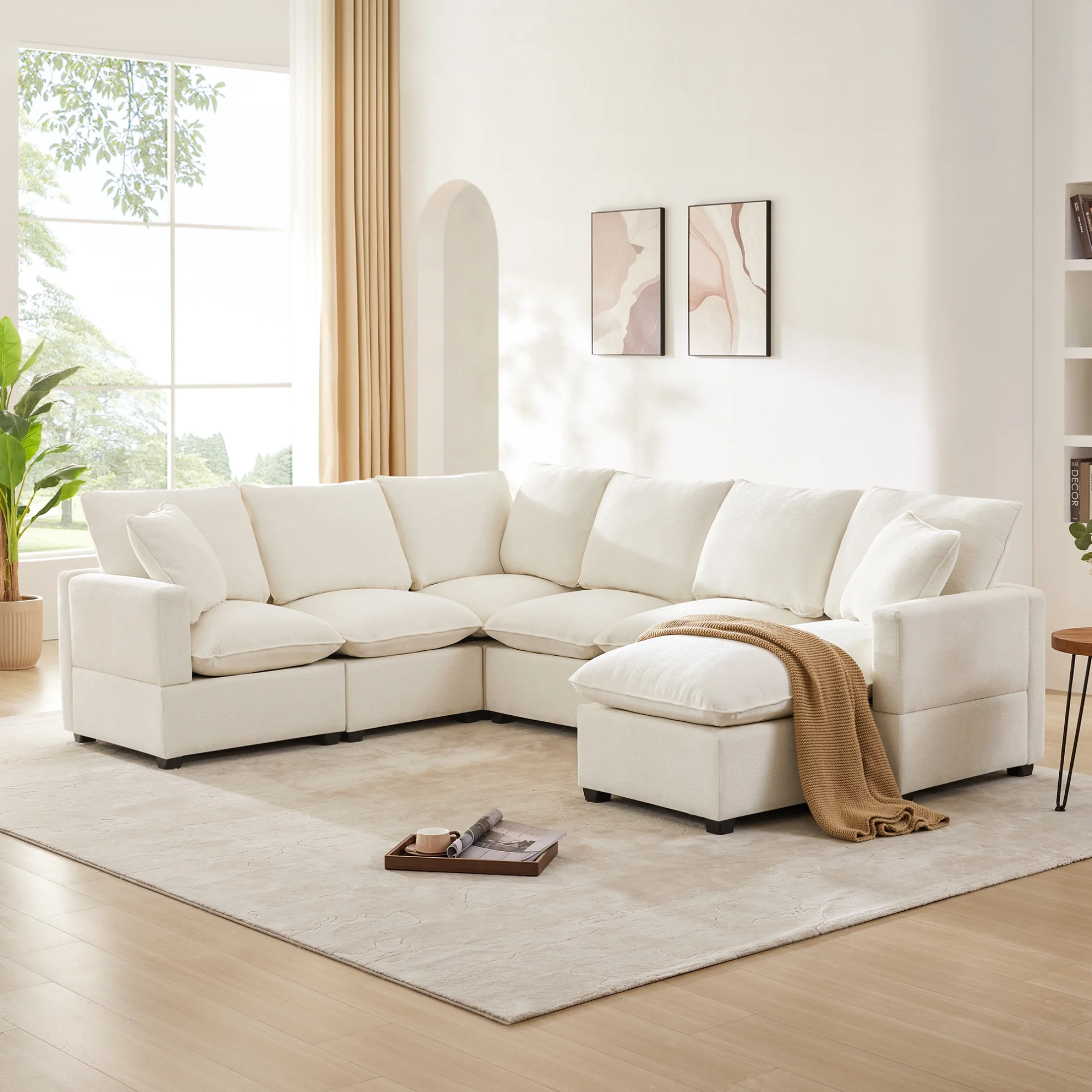 [VIDEO provided] [New] 110*84" Modern U Shape Modular Sofa, 7 Seat Chenille Sectional Couch Set with 2 Pillows Included, Freely Combinable Indoor Funiture for Living Room, Apartment, Office, 2 Colors