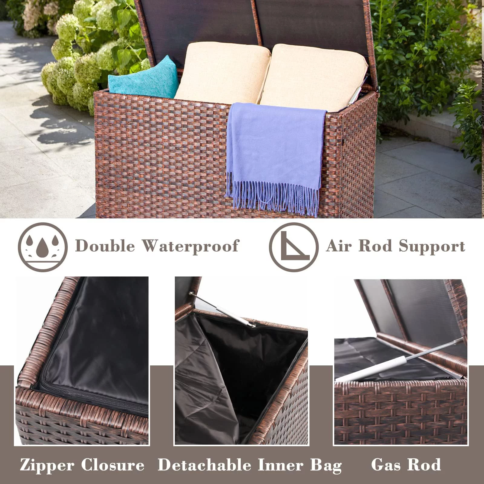 DIMAR GARDEN Outdoor Patio Wicker Rattan Storage Box Table 70 Gallon Mixed Coffee