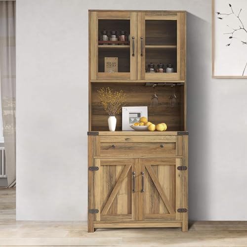 72 inch Tall Kitchen Pantry Cabinet Storage Hutch, Kitchen Cupboard with Countertop for Microwave, Coffee Bar, Free Standing Pantry with Doors for Living Room（2Pcs High + 1 Pcs Low Cabinet）