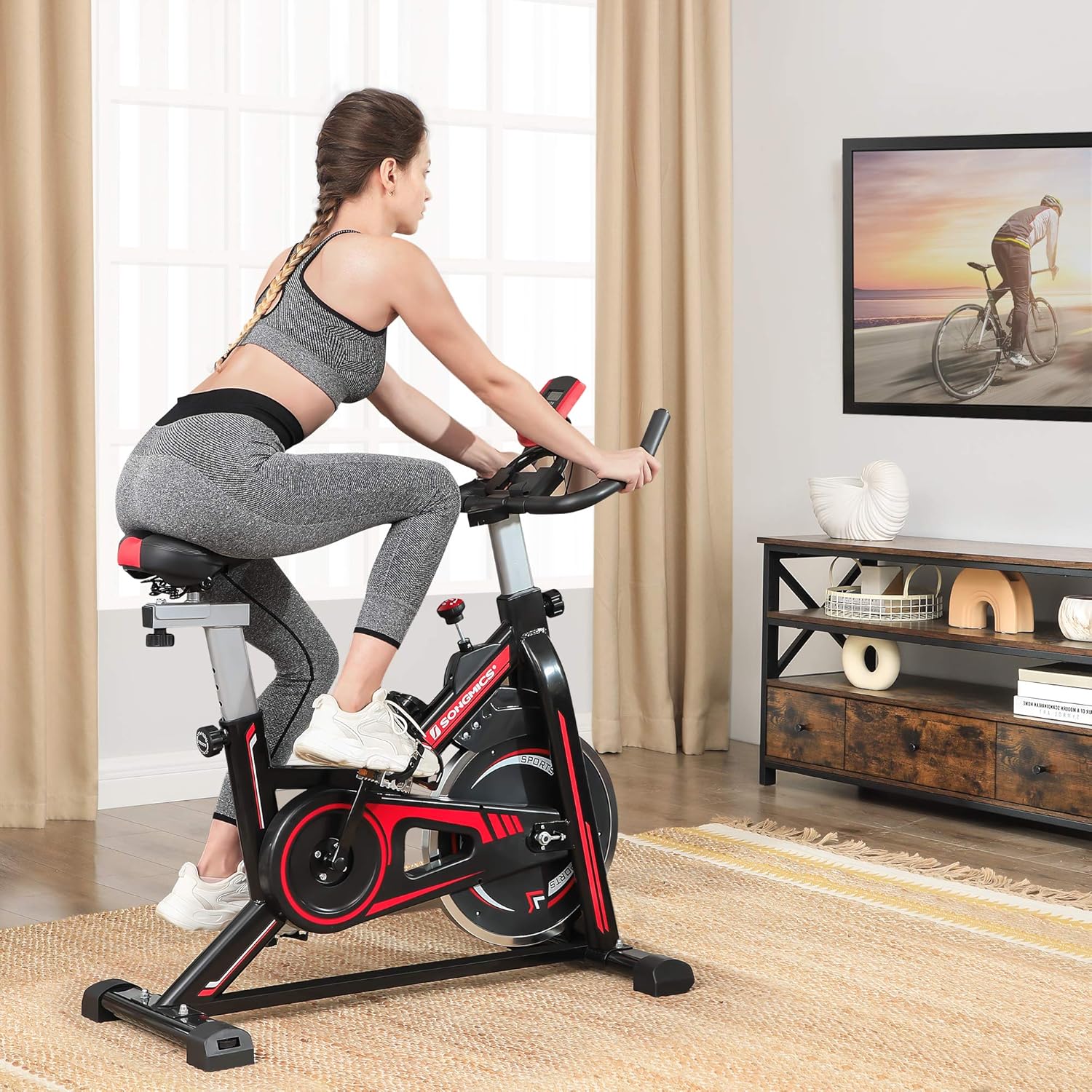 SONGMICS Stationary Bike, Indoor Cycling Bike, Exercise Bike, and Fitness Trainer, with Adjustable Handlebar, Seat, and Resistance, Pulse Sensor, Caged Pedals, Black and Red USEB617R01