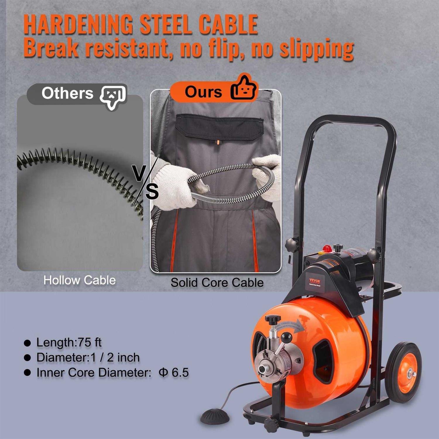 VEVOR Electric Drain Auger 50 ft. x 1/2 in. Drain Cleaner Machine Auto Feed with 4 1 in. to 4 in. Pipes - Shop Hardware Tools Online Store