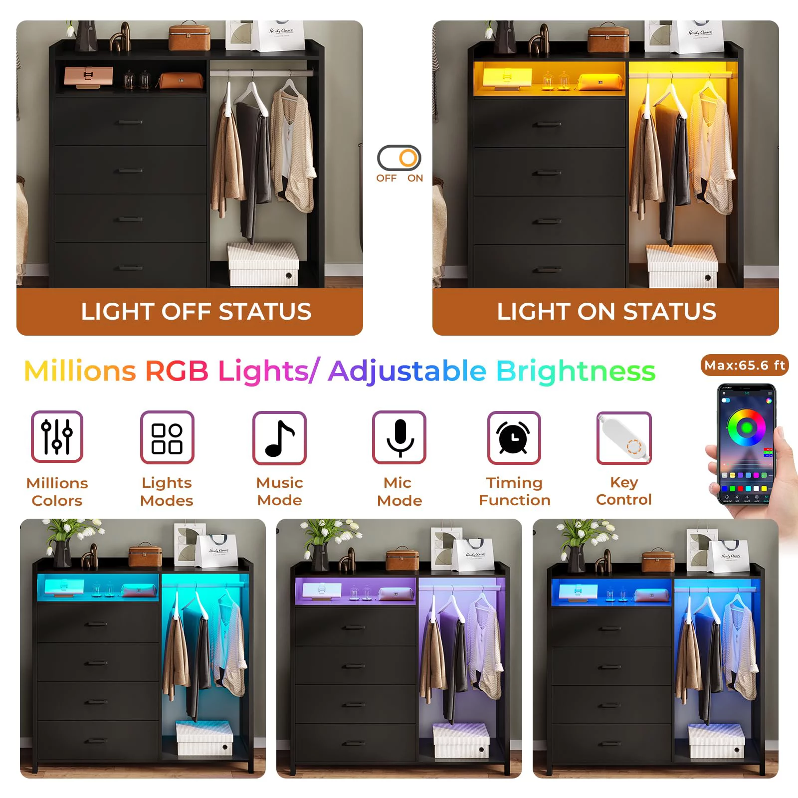 Afuhokles 4 Drawer Dresser for Bedroom with Clothing Rack, Dressers and Chests of Drawers with LED Lights, Modern Long Led Dresser for Bedroom Closet, Black