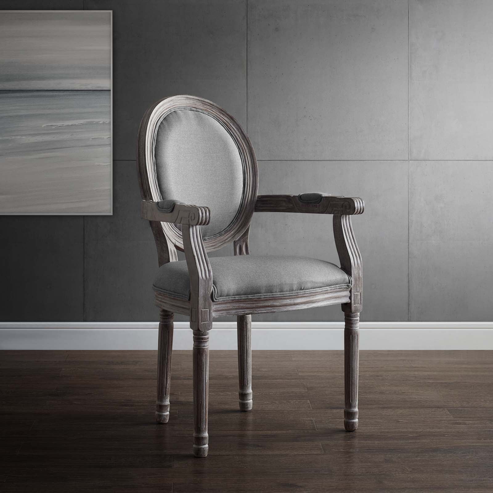 Modway Emanate Vintage French Upholstered Fabric Dining Armchair in Light Gray