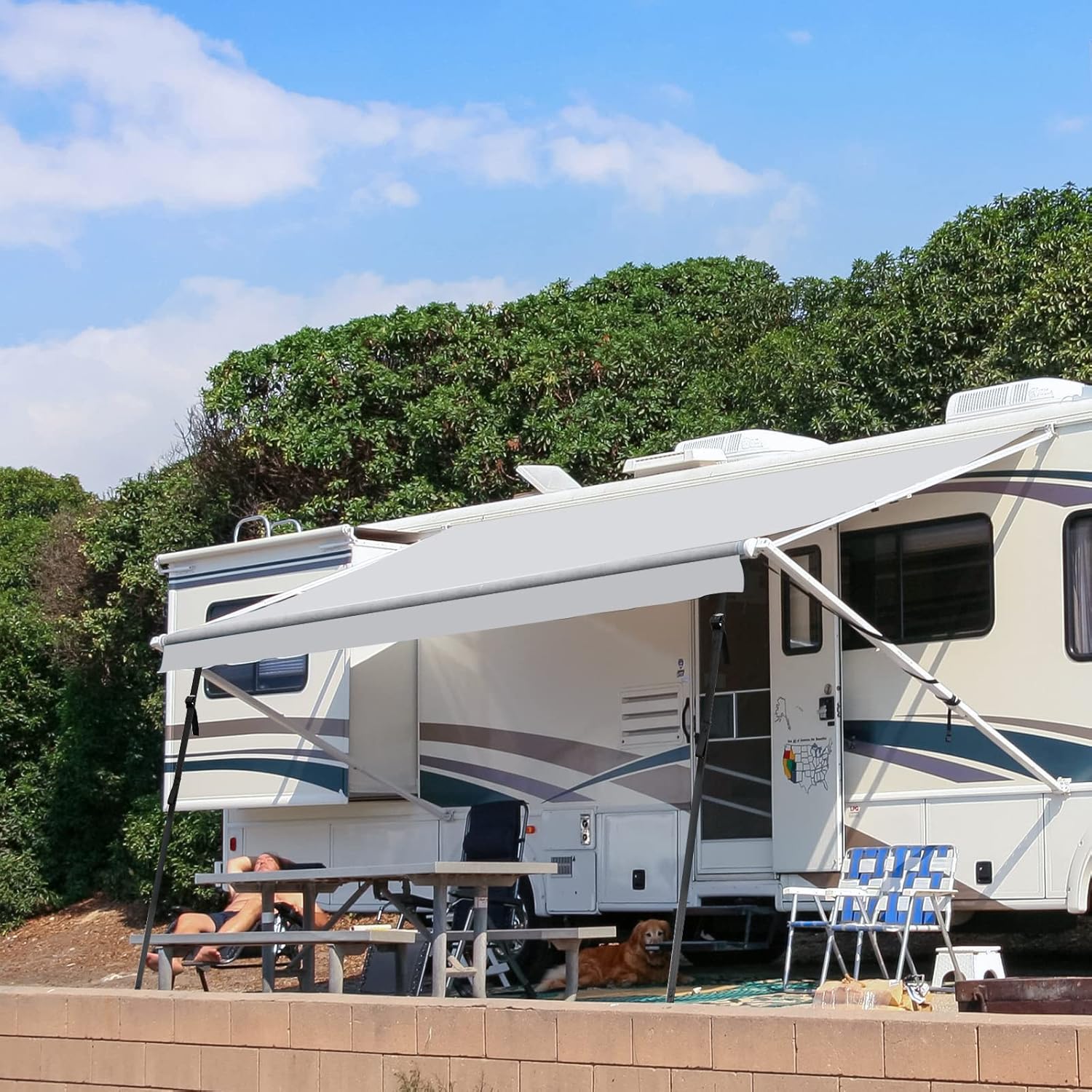 Fonzier 280GSM RV Awning Fabric Replacement Solution Dyed Fabric Camper Awning Replacement Fabric with Awning Anchor Kits & Pull Tension Strap for RV Trailer Motorhome - 21'(Fabric 20'2"), Gray