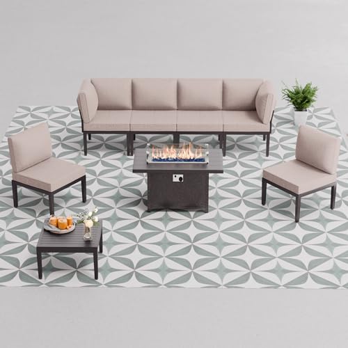 15 Pieces Patio Furniture Set w/55,000 BTU Propane Fire Pit 12-Seat Metal Modular Outdoor Conversation Sectional w/Thick Cushion and Coffee Table for Deck,Backyard,Lawn,Navy Blue