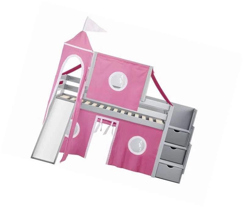 Jackpot Princess Low Loft Stairway Bed with Slide Pink u0026 White Tent and Tower, Loft Bed, Twin, Gray