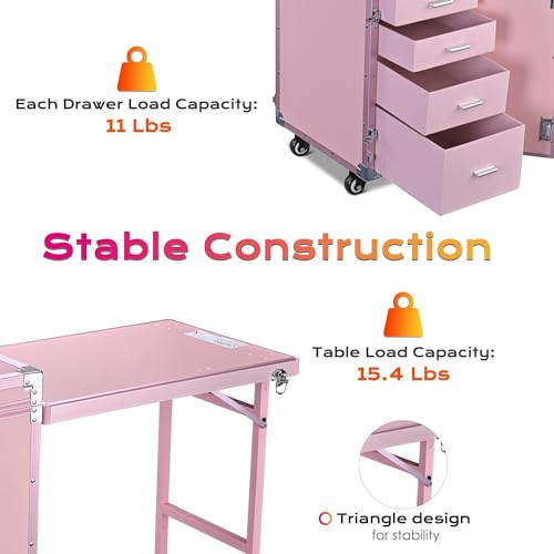 BYOOTIQUE Masslux Foldable Rolling Manicure Table Nail Desk Makeup Train Case with 4 Drawers Mirror & Speaker, Pink