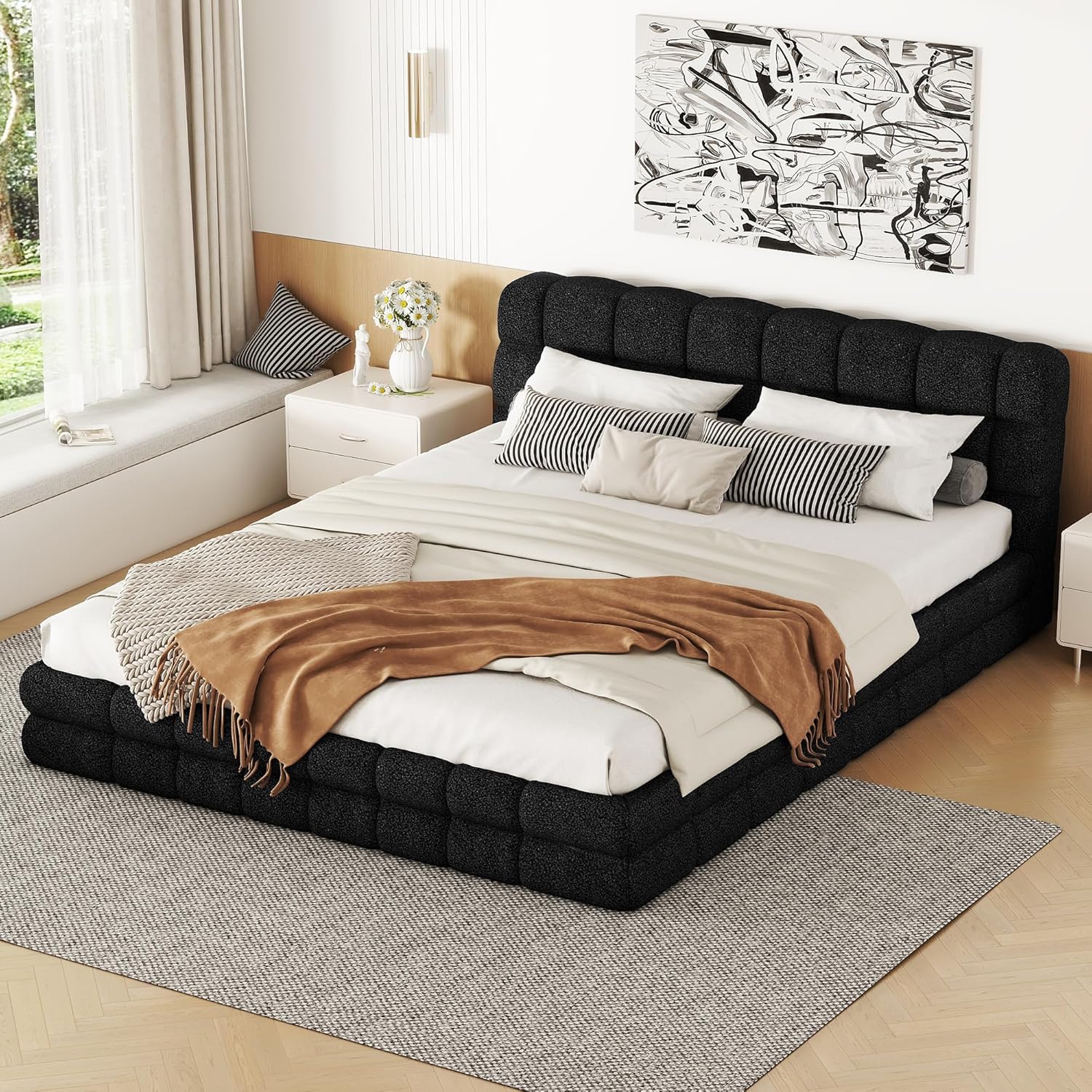 Queen Size Upholstered Platform Bed Frame, Black，Modern and Stylish Queen Bed Frame with Headboard, Perfect for Bedroom Furniture and Storage Solutions