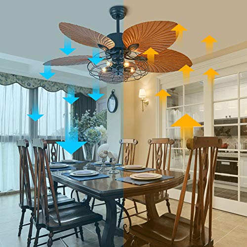 TOWOHIPPKI 52'' Tropical Ceiling Fans with 5 Palm Leaf Blades, 52 Inch Palm Leaf Fanlight with with Light and Remote, Hand-Carved Reversible Blades Chandelier Fan For Living Room Bedroom