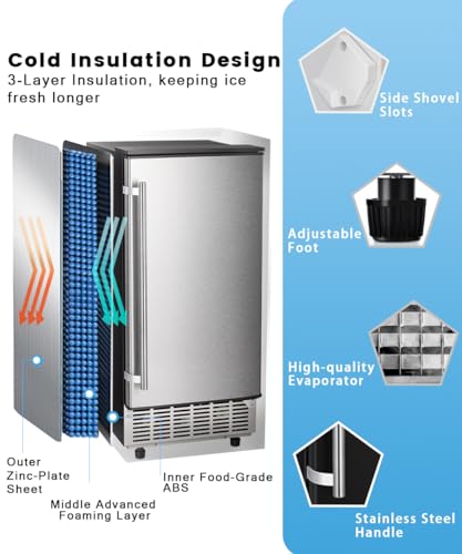 Joy Pebble Commercial Cube Ice Maker，Built-in Ice Maker Machine, 80lbs/Day, 40 Ice Cubes/Cycle, Reversible Door, Drain Pump, 24H Timer & Self-Cleaning, Under Counter Ice Cube Machine for Home