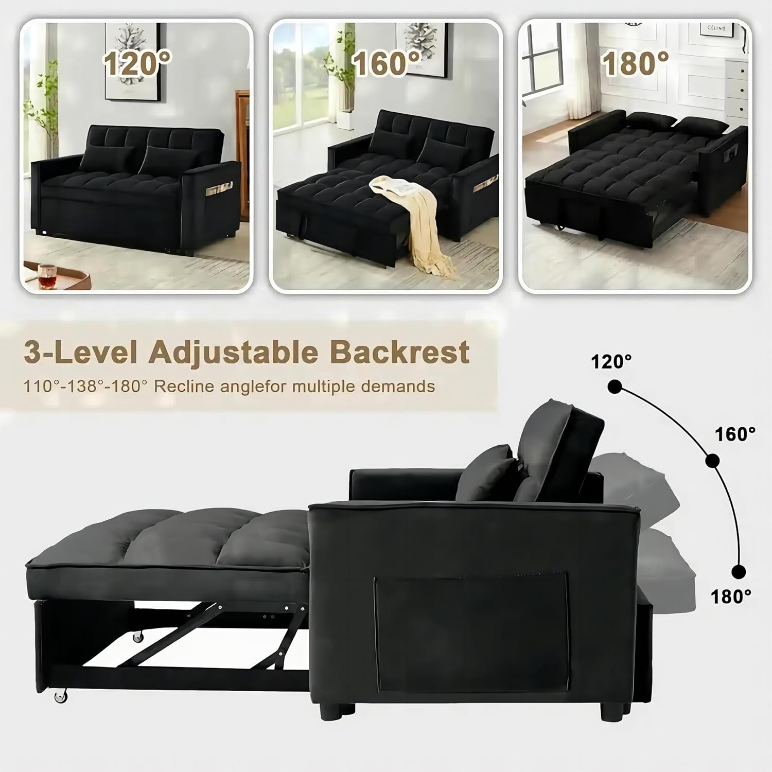 Loveseat 3 in 1 Convertible Sleeper, Modern Pullout Couch Bed, Velvet Chaise Lounge with 2 Pockets and 2 Pillows, Futon Sofa for Living Room Furniture, Black