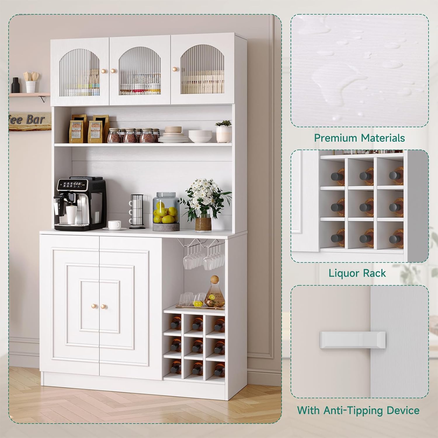 Kitchen Pantry Cabinet with Storage, 71" Tall Hutch Storage Cabinet for Dining Room, White Freestanding Food Pantry Cabinet with Microwave Stand & Power Outlet, Goblet Rack & Wine Rack.