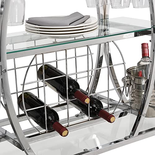 Silver Bar Cart, Rolling Liquor Serving Cart, 3-Tier Liquor Kitchen Tea Trolley with Wine Rack & Glass Holder Metal Frame,Mobile Bar Carts for The Home
