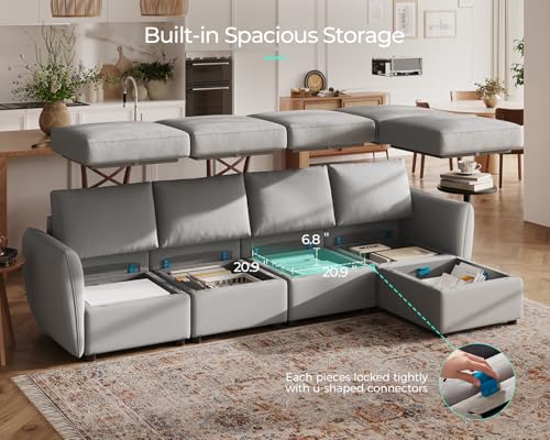 LINSY HOME Modular Sofa, All Covers Washable Changeable Sectional Couch with Storage & Memory Foam, U Shaped 4 Seat Sofa with 2 Ottomans for Living Room, Rounded Arm, Dark Grey