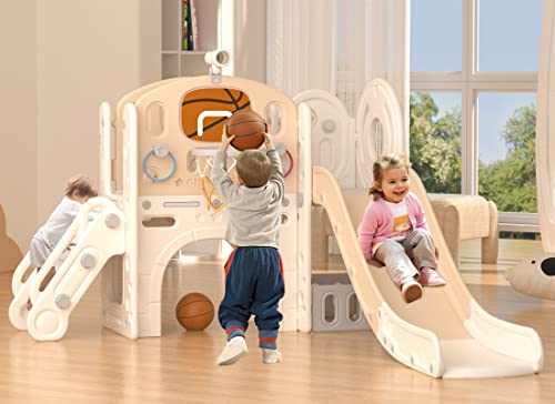 XJD 8 in 1 Toddler Slide Set, Kids Slide for Toddlers Age 1+, Toddler Climber Slide PlaySet with Basketball Hoop and Ball,Outdoor Indoor Playground for Toddlers 1-3 (Blue Gley, 8 in 1)