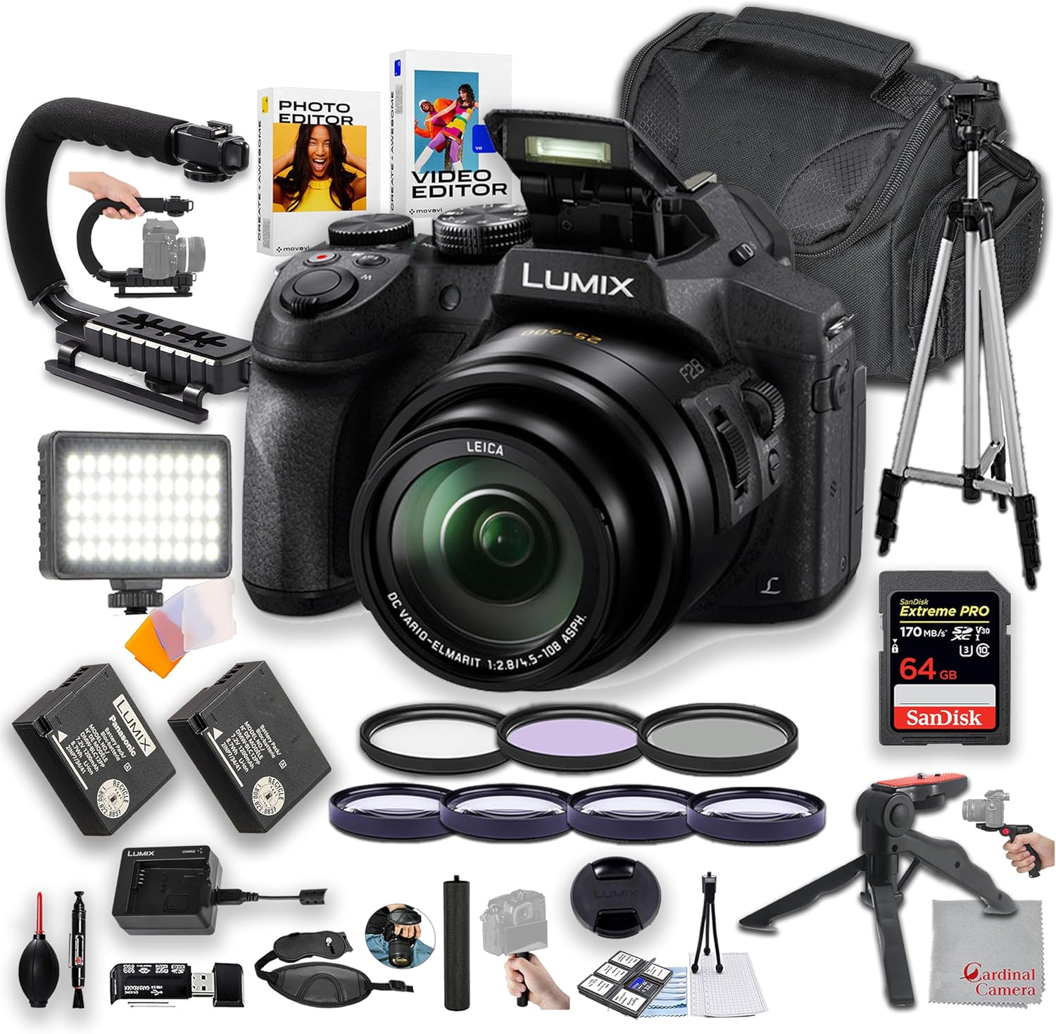 Panasonic Lumix DMC-FZ300 Digital Camera | 12.1MP | LED Video Light, 64GB Memory, Filters, 50 Inch Tripod, Grip Tripod & More, compact, Black