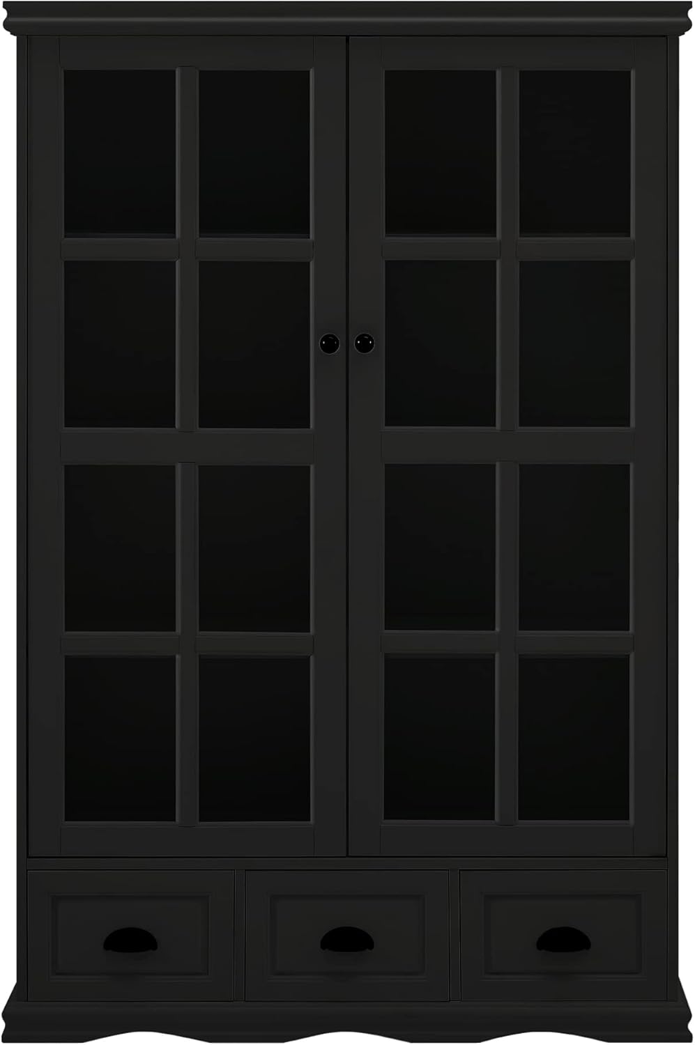 Storage Cabinet with Tempered Glass Doors Curio Cabinet with Adjustable Shelf Display Cabinet with Triple Drawers,Black
