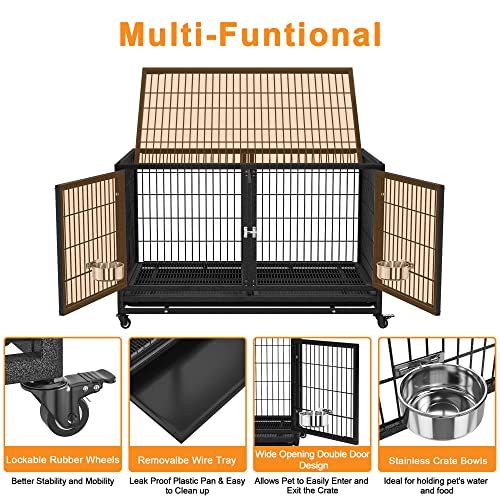 54/48/42/38 inch Heavy Duty Indestructible and Escape-Proof Dog Crate Cage Kennel for Large Dogs, High Anxiety Dog Crate with Removable Wire Trays and Wheels, Extra Large XL XXL