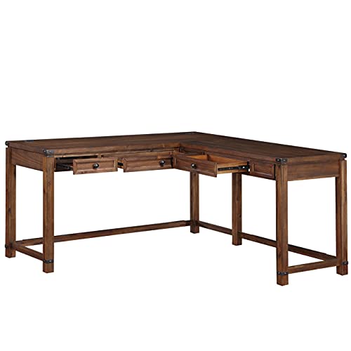 OSP Home Furnishings Baton Rouge Rustic L-Shape Office Desk with Power Port Drawer, Champagne Oak Finish
