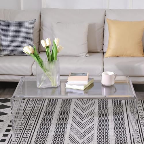 Acrylic Coffee Table, 44" L x 16" W x 16" Hx 4/5'' Thick Rectangle Clear Coffee Table, Modern Lucite Coffee Table Acrylic Furniture, Waterfall Coffee Table for Living Room, Office and Bedroom