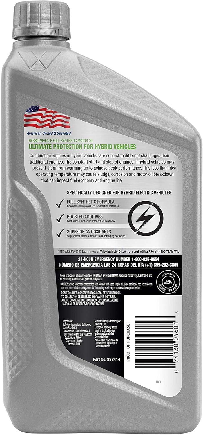 Valvoline Hybrid Vehicle Full Synthetic SAE 0W-20 Motor Oil 1 QT, Case of 6 Pack of 2