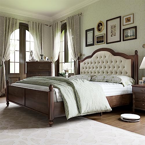 Solid Bed Frame Queen Size, Transitional Platform Bed with 52.5"" Upholstered Tufted Headboard, Rubberwood/Roman Column Accents/Wood Slat Support/No Box Spring Needed,bed frame, Walnut