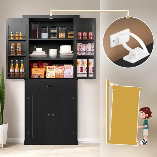 HollyHOME 72" Kitchen Pantry Cabinet, Storage Cabinet with 4 Doors and 1 Drawer, Freestanding Cupboard with Adjustable Shelves and 6 Door Shelves for Kitchen, Dining Room, Living Room, White