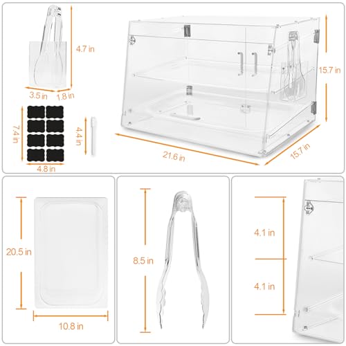 3 Tray Commercial Countertop Bakery Display Case 21" x 17.3" x 14" Acrylic Pastry Display Case with Serving Tong, Bread Display Case with Front & Rear Doors