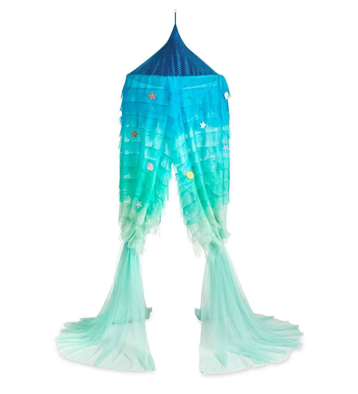 HearthSong Mermaid Blue Scalloped Gauze Canopy with LED Lights and Decorative Appliqu Shells and Starfish