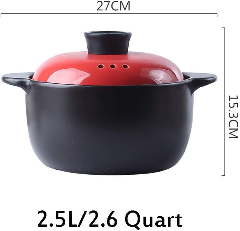 Korean Stovetop Ceramic Casserole,Clay Pot with Color Lid Healthy Cookware Earthen Pot Healthy Soup Hot Pot for Slow Cooking Red 2.64Quart
