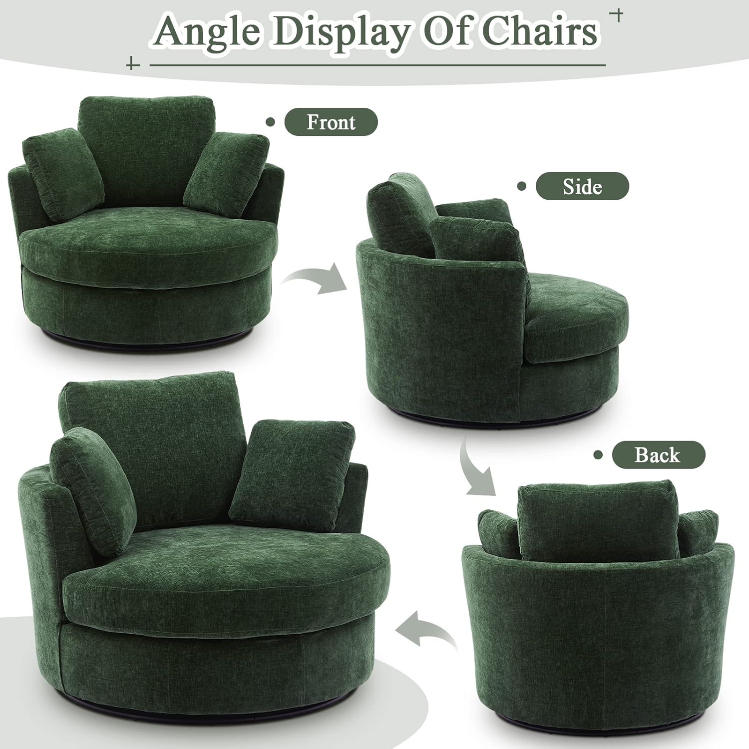 Oversized Swivel Chair Living Room Lounge, Modern Round Swivel Barrel Chair Bedrooms Club Chairs Boucle Upholstered Circle Big Accent Corner Chair with 3 Pillows(Green Chenille)