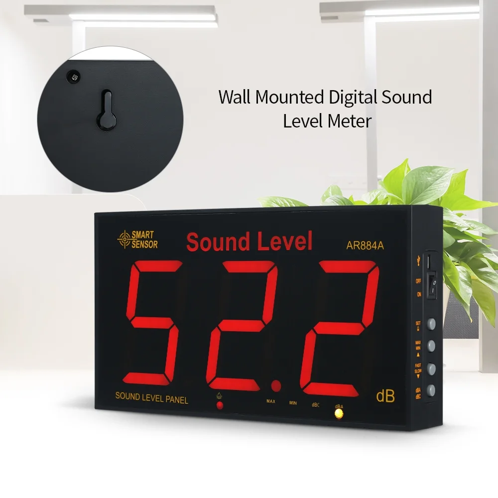 SMART SENSOR AR884A Sound Level Meter with Large LCD Screen Wall Mounted Digital Sound Level Meter Digital Noisemeter Decibel Monitoring Tester Noise Measuring Instrument 30-130dB Measuring