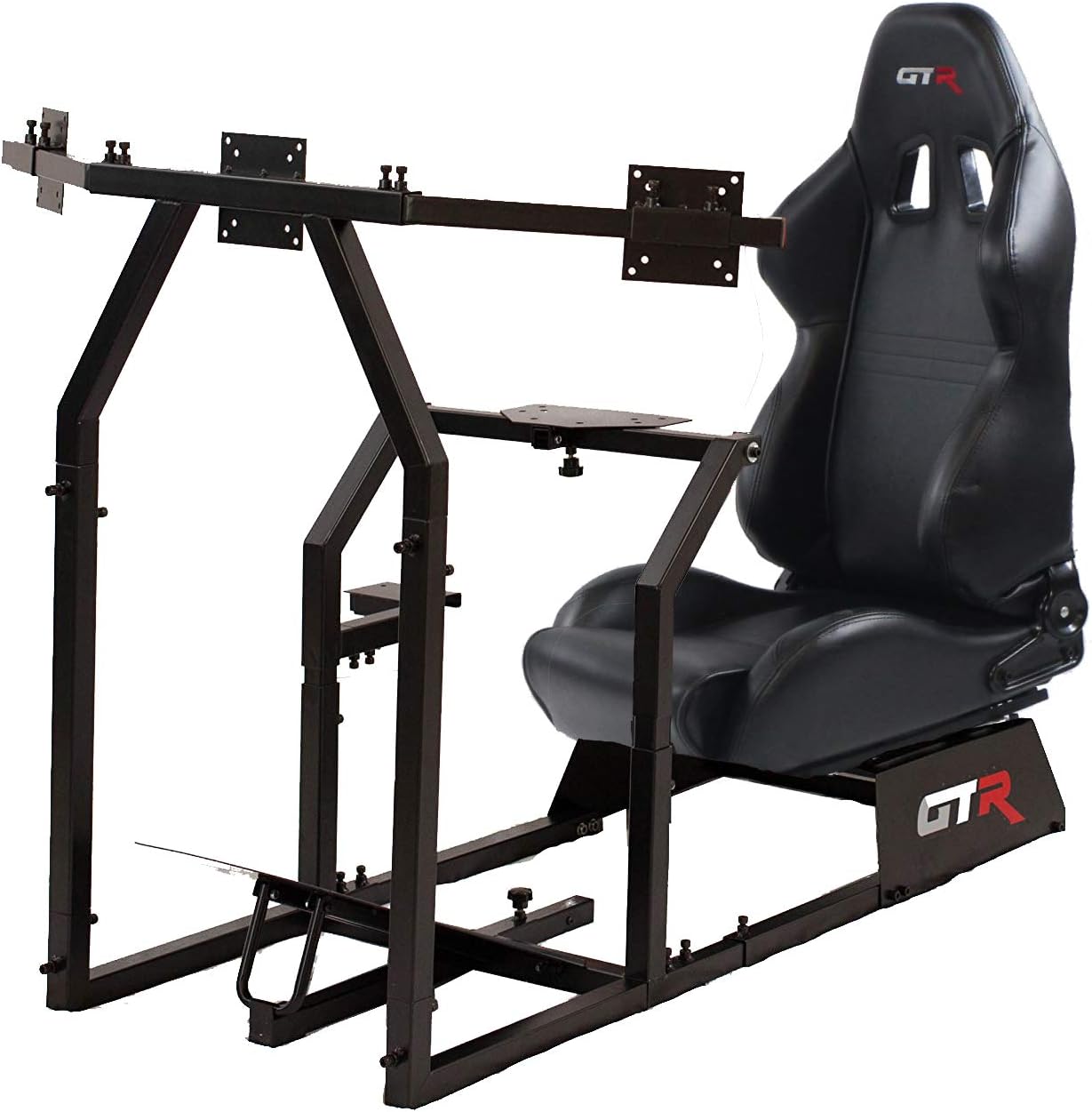 GTR Simulator GTA-F Model Black Frame Triple | Single Monitor Stand with Black Adjustable Leatherette Seat Racing Driving Gaming Simulator Cockpit Chair