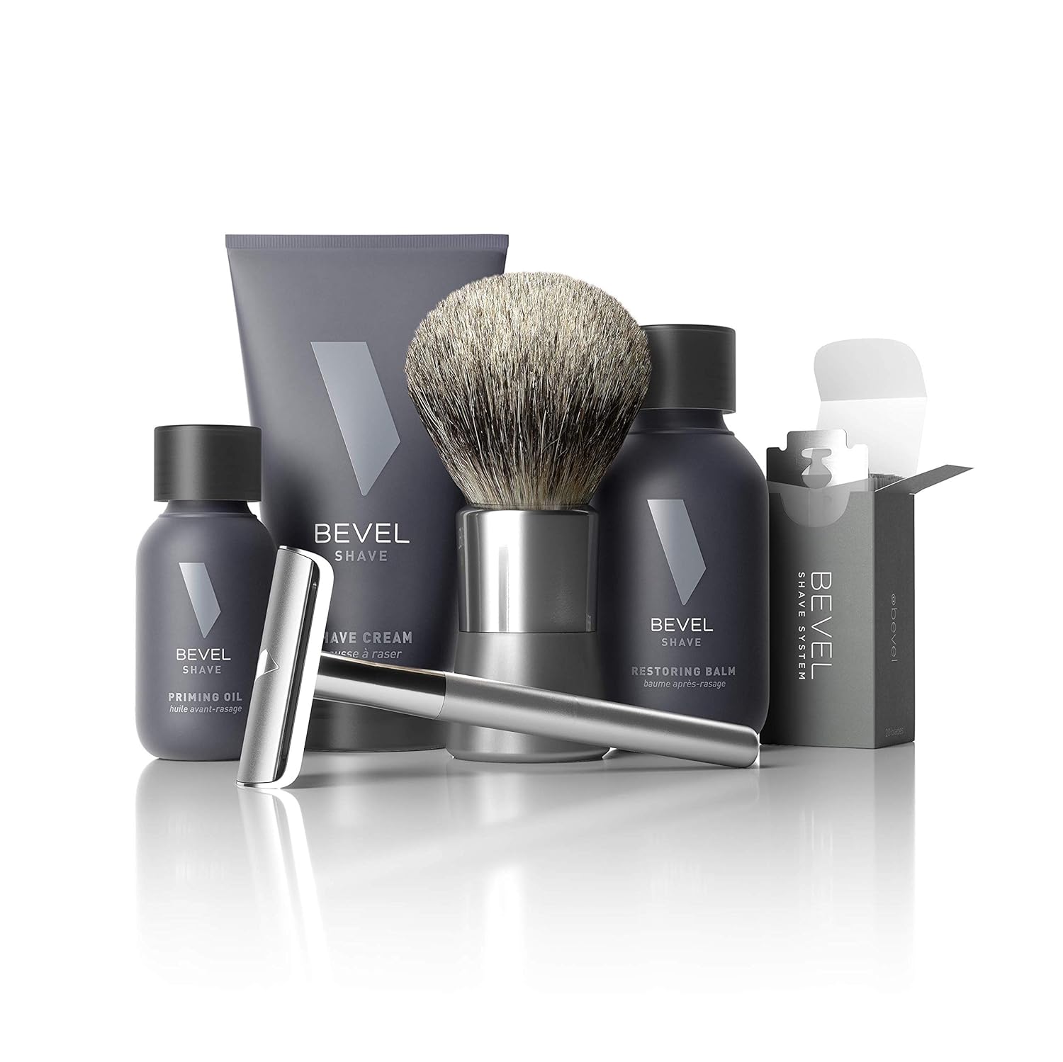 Shaving Kit for Men by Bevel - Starter Shave Kit, Includes Safety Razor, Shaving Brush, Shave Creams, Oil, Balm and 20 Blades. Clinically Tested to Help Prevent Razor Bumps