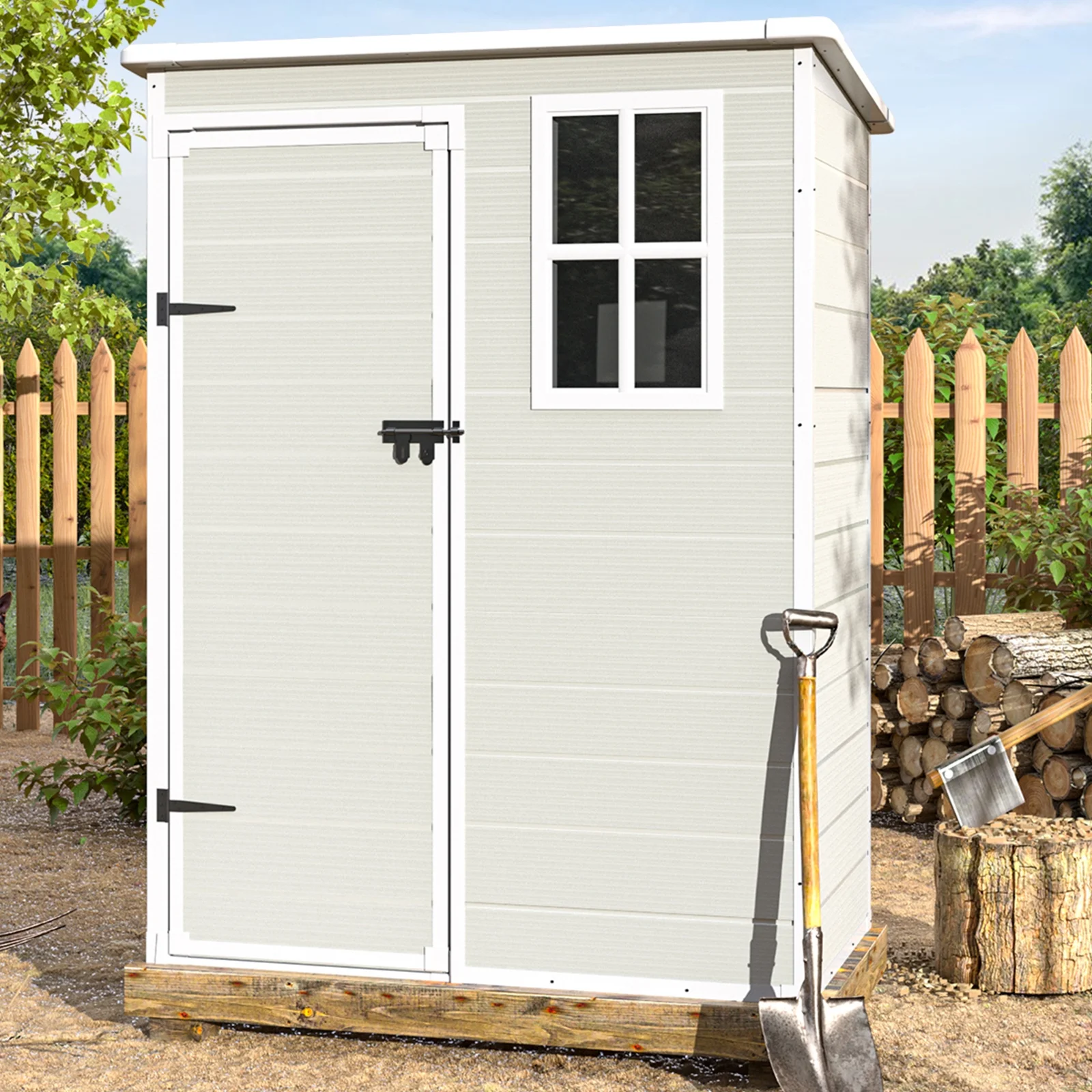 ECOPATIO Outdoor Storage Shed 5x3 FT, Resin Garden Shed for Bike, Garbage Can, Tool, Plastic Outside Sheds & Outdoor Storage Storage Box with Lockable Door for Backyard, Patio, Lawn, Sandstone