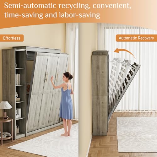 Queen Murphy Bed with Storage Bookcase & 4 Adjustable Shelves, Foldable Space-Saving Queen Wood Wall Bedframe with Metal Legs, Hidden Bedframe for Guest Room, Study, Home Office, Bedroom, Gray