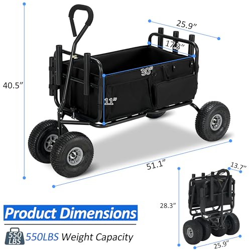 AHB Fishing Cart 550lbs Beach Wagon Cart, Heavy Duty Foldable Cart with All Terrain Big Wheels, Collapsible Wagon with 5 Rod Holders, Umbrella Holder and Cargo Net (Black)