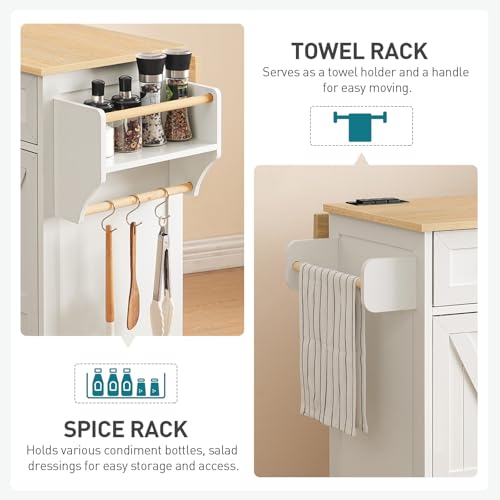 Kitchen Island with Drop Leaf, Kitchen Cart with Charging Station, Kitchen Table with Storage, Rolling Island Table with 3 Drawers, Towel Rack and Spice Rack, White and Walnut