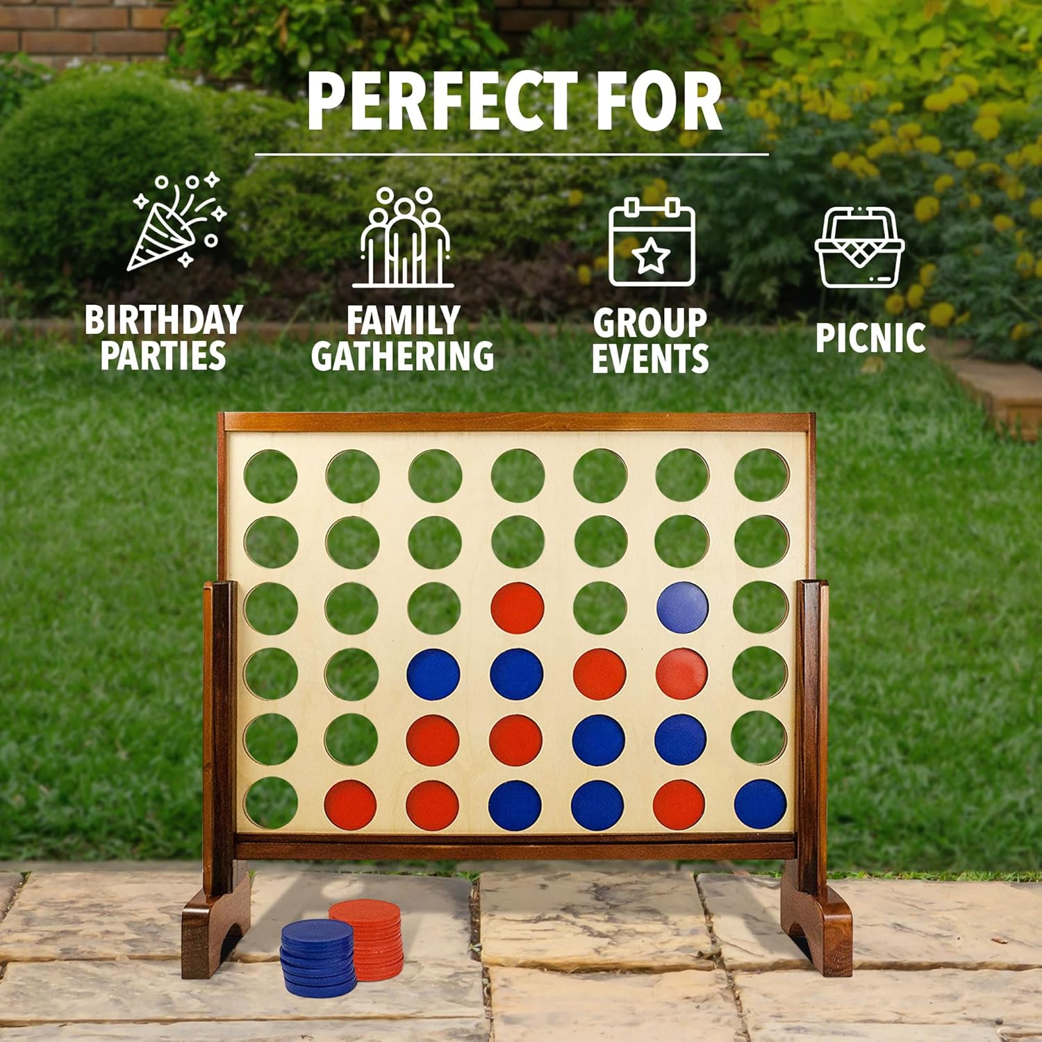 Yard Games Giant Tumbling Timbers Natural Pine Blocks Wood Stacking Game Bundle with Outdoor 4 in a Row Lawn Game with Storage Carrying Case, Brown
