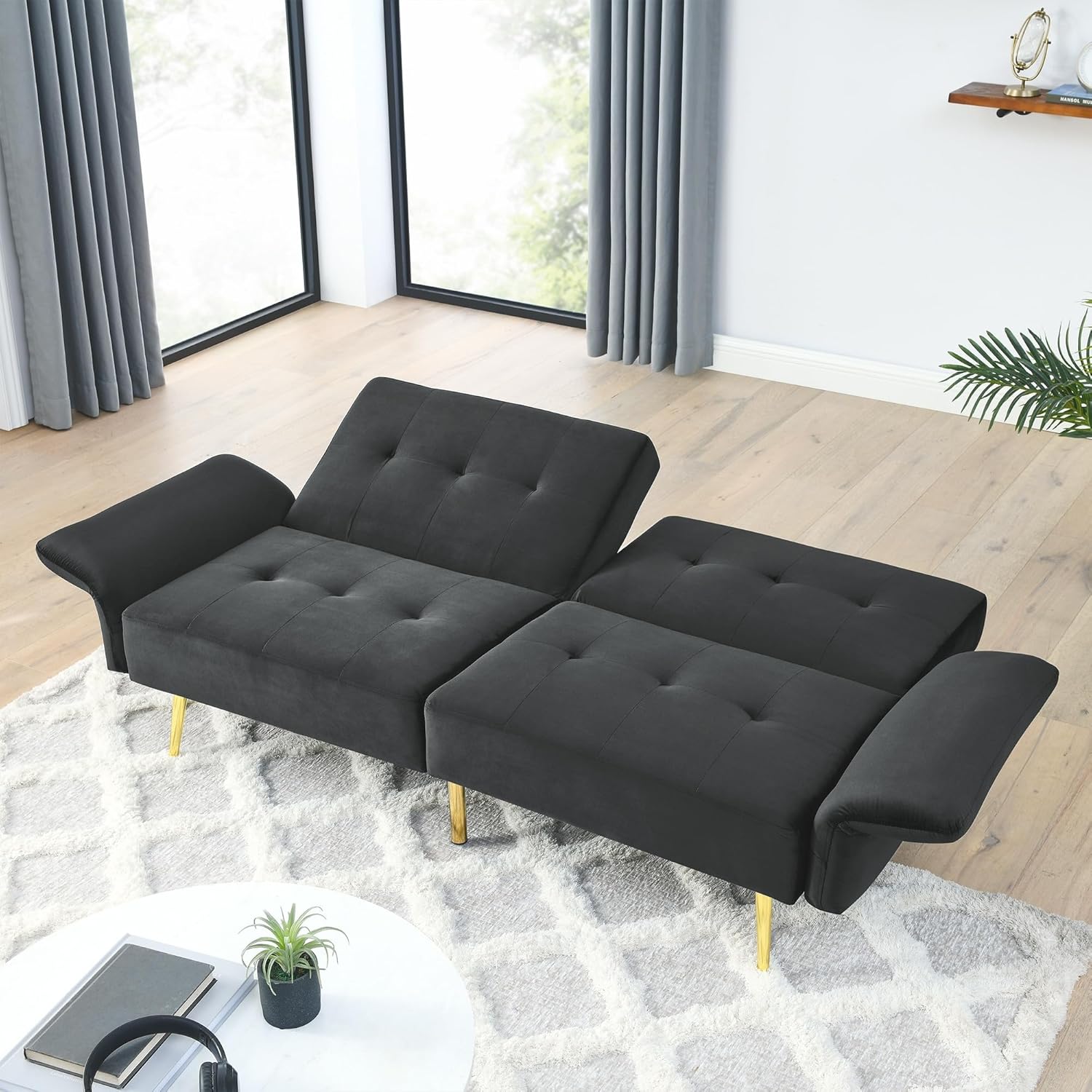 Velvet Convertible Sleeper Loveseat Bed Futon Couch W/Pocket Black Moroccan Lake House Modern Contemporary Solid Wood 8-Way Hand Tied Manual Recline