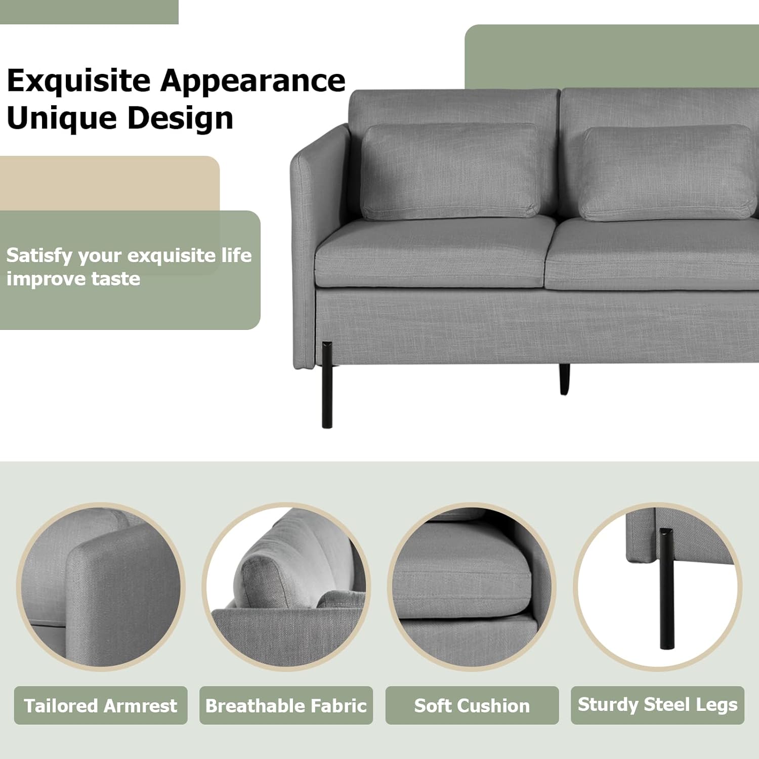 3 PCS Living Room Sofa Set, Modern Upholstered Armchair Loveseat Couches w/Rectangle Pillows, Including 3-Seater Sofa, Loveseat and Sofa Chair, Sectional Sofa Set for Office, Bedroom, Apartment Grey