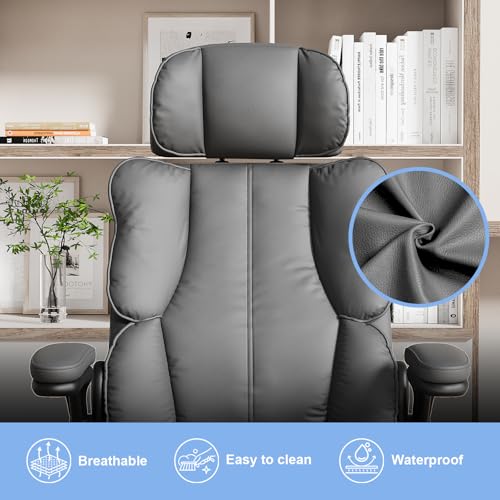 Executive Leather Office Chair, Computer Chair with Thick Cushion & Lumbar Support, Ergonomic Desk Chair with Adjustable Headrest & Armrests,Black