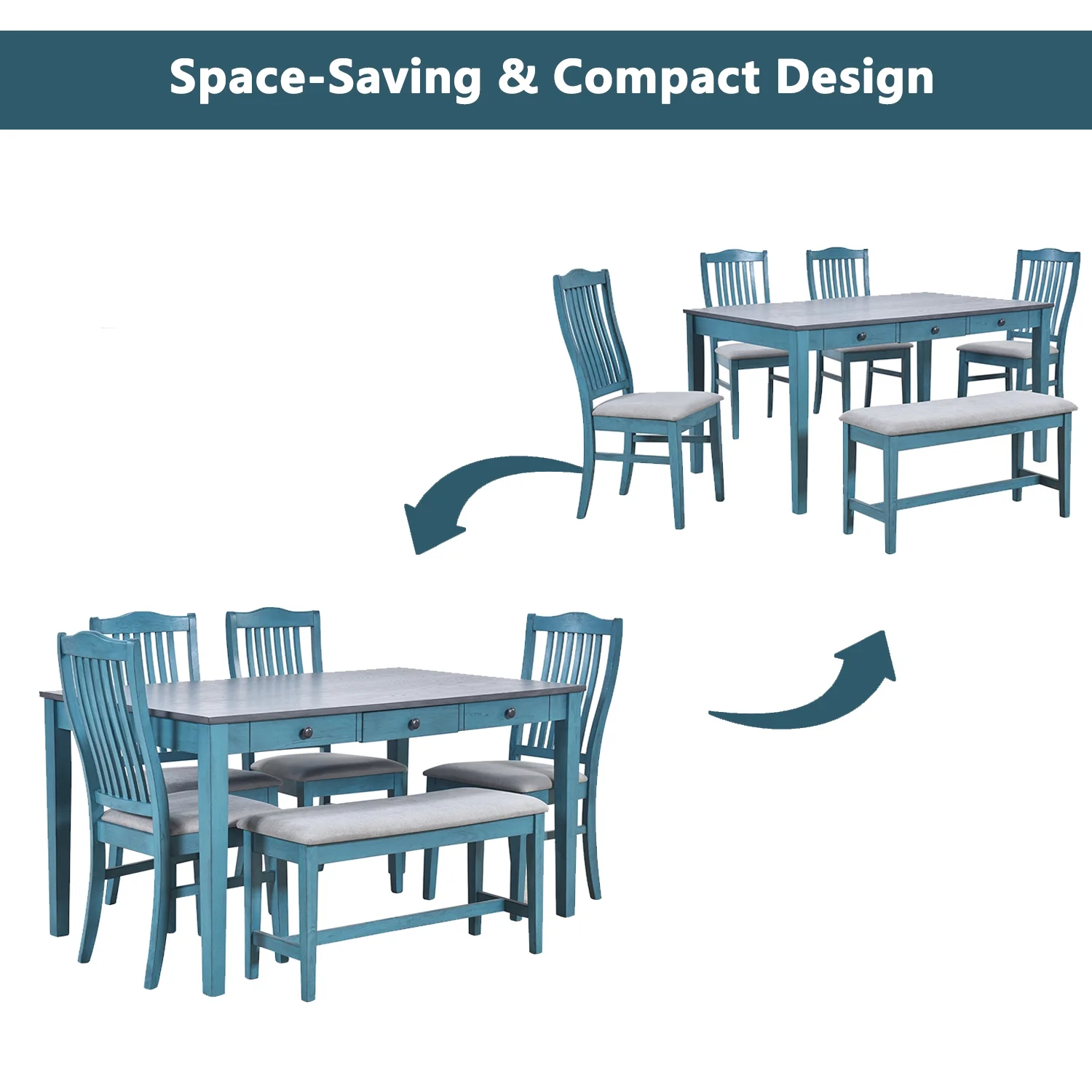 Churanty Farmhouse 6 Pieces Dining Table Set for 6,Rectangle Wood Kitchen Table with Drawer and 4 Upholstered Chairs and Bench,Antique Blue
