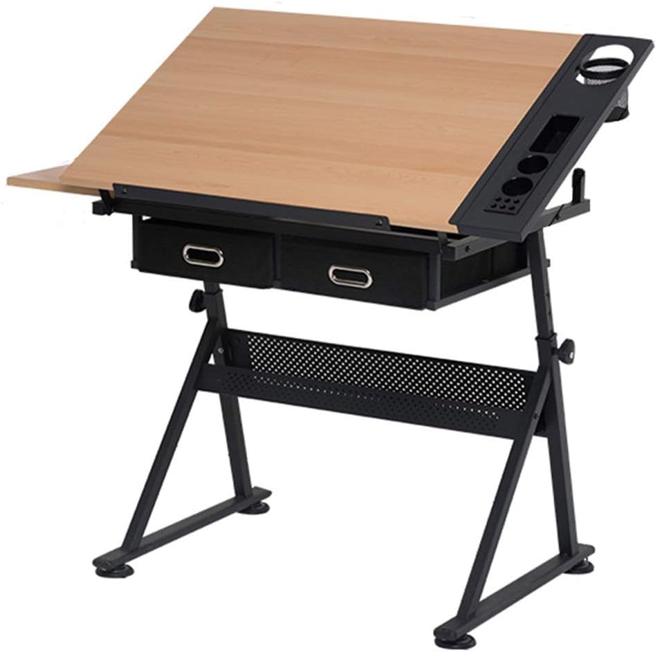 HONGYANG Drafting Desk, Height Adjustable Drawing Desk, Tiltable Craft Table with Storage, Maple Panel Art Desk, for Home Office Drafting Table