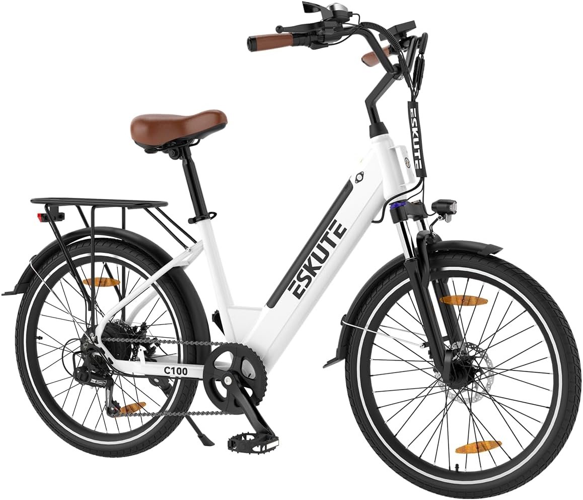 ESKUTE 26" City Electric Bike C100, Step-Through Commuter Electric Bicycle, Top Speed 20MPH, Front Suspension, Mechanical Disc Brake, Electric Bike for Adults