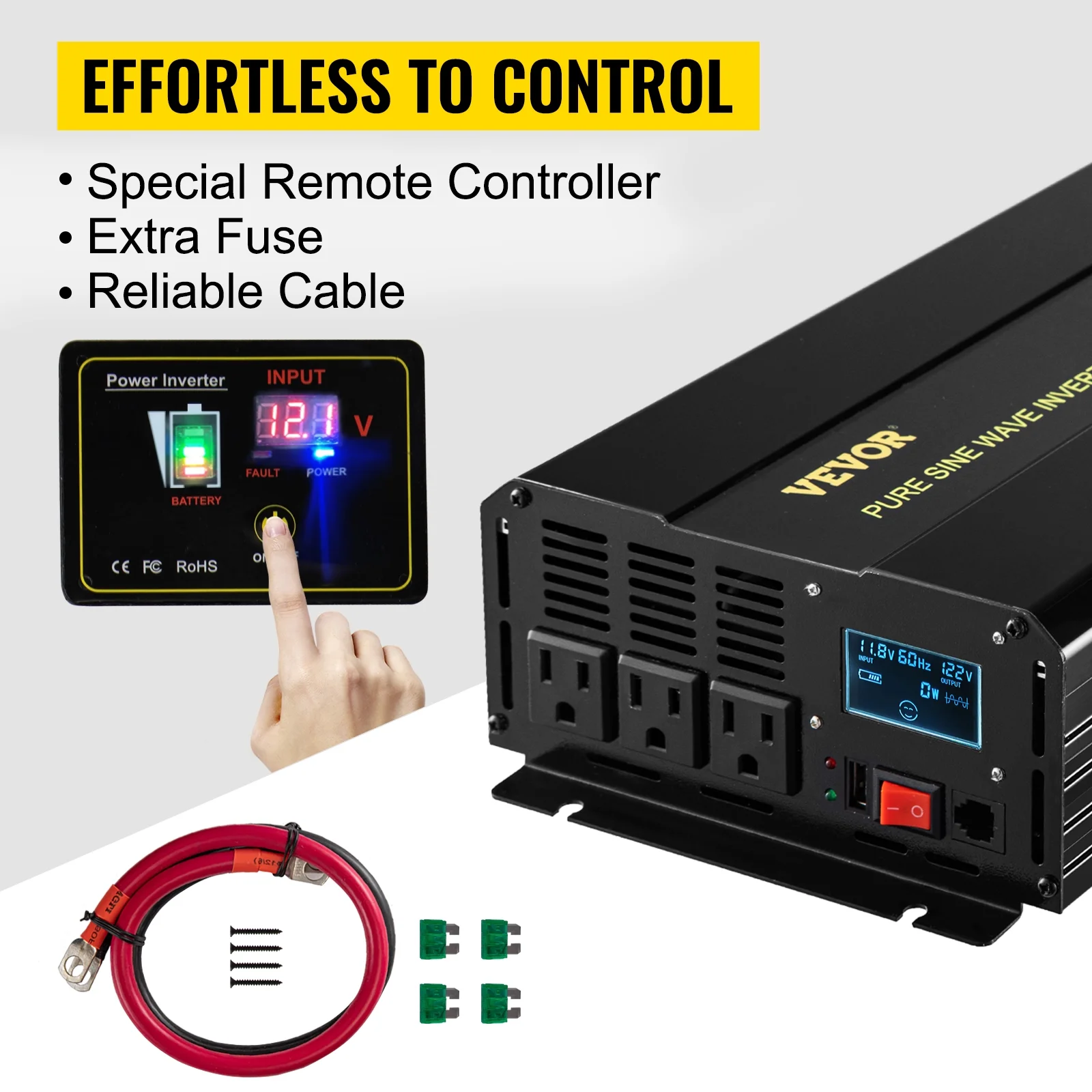 VEVOR 2500 W 5000W Pure Sine Wave Inverter, DC 12V to AC 120V Car Inverter with USB Port, LCD Display, and Remote Controller Power Converter