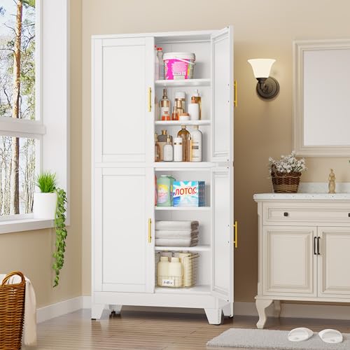 75.2" Tall Metal Pantry Cabinet, Storage Cabinets with 4 Door and 4 Adjustable Shelves, Black Kitchen Pantry Storage Cabinet, Freestanding Cupboard for Kitchen Dining Room Living Room Bathroom