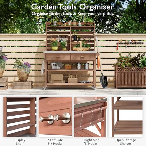 Outdoor Wooden Potting Bench Table – Farmhouse Garden Workstation with Drawers, Cabinet & Storage Shelves, Large Fir Wood Work Table for Patio, Backyard, Mudroom, Greenhouse (Light Brown, 66''H)